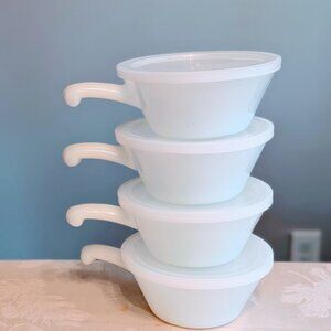 Set of 4 VTG Anchor Hocking Fire King Milk Glass Soup Chili Bowls Lid Handle